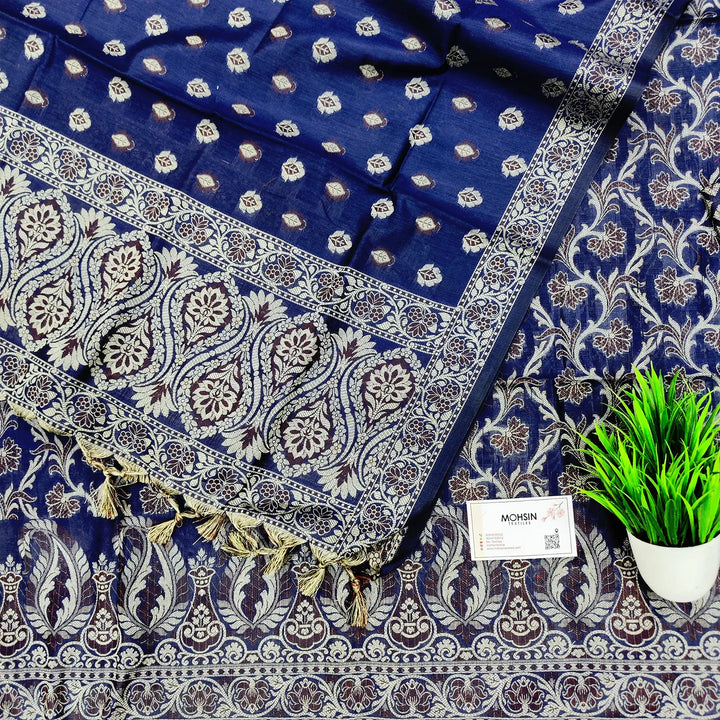 Navy Blue Surahi Jaal Cotton Silk Banarasi Suit