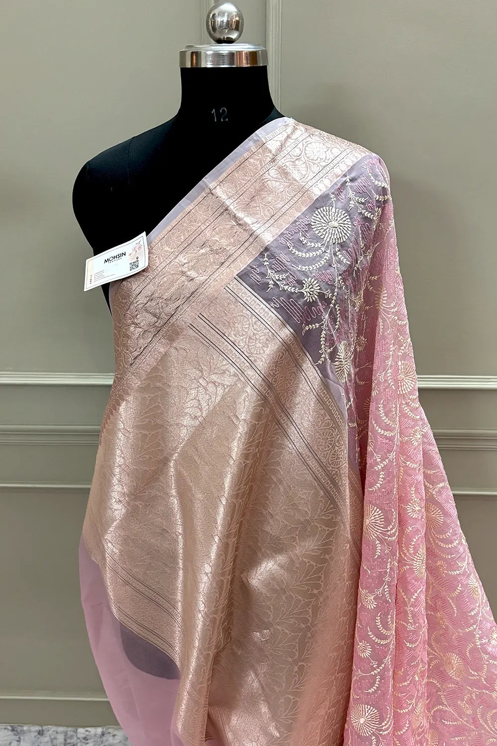Baby Pink Embroidery Organza Silk Banarasi Saree