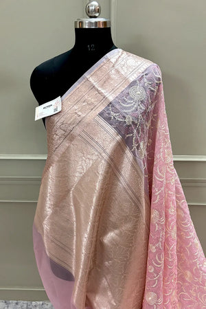 Baby Pink Embroidery Organza Silk Banarasi Saree
