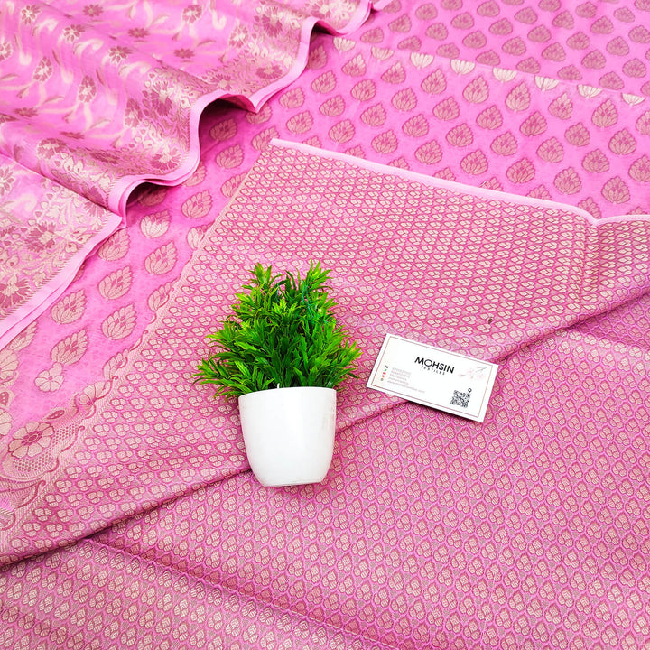 Baby Pink Resham Zari Cotton Silk Banarasi Suit