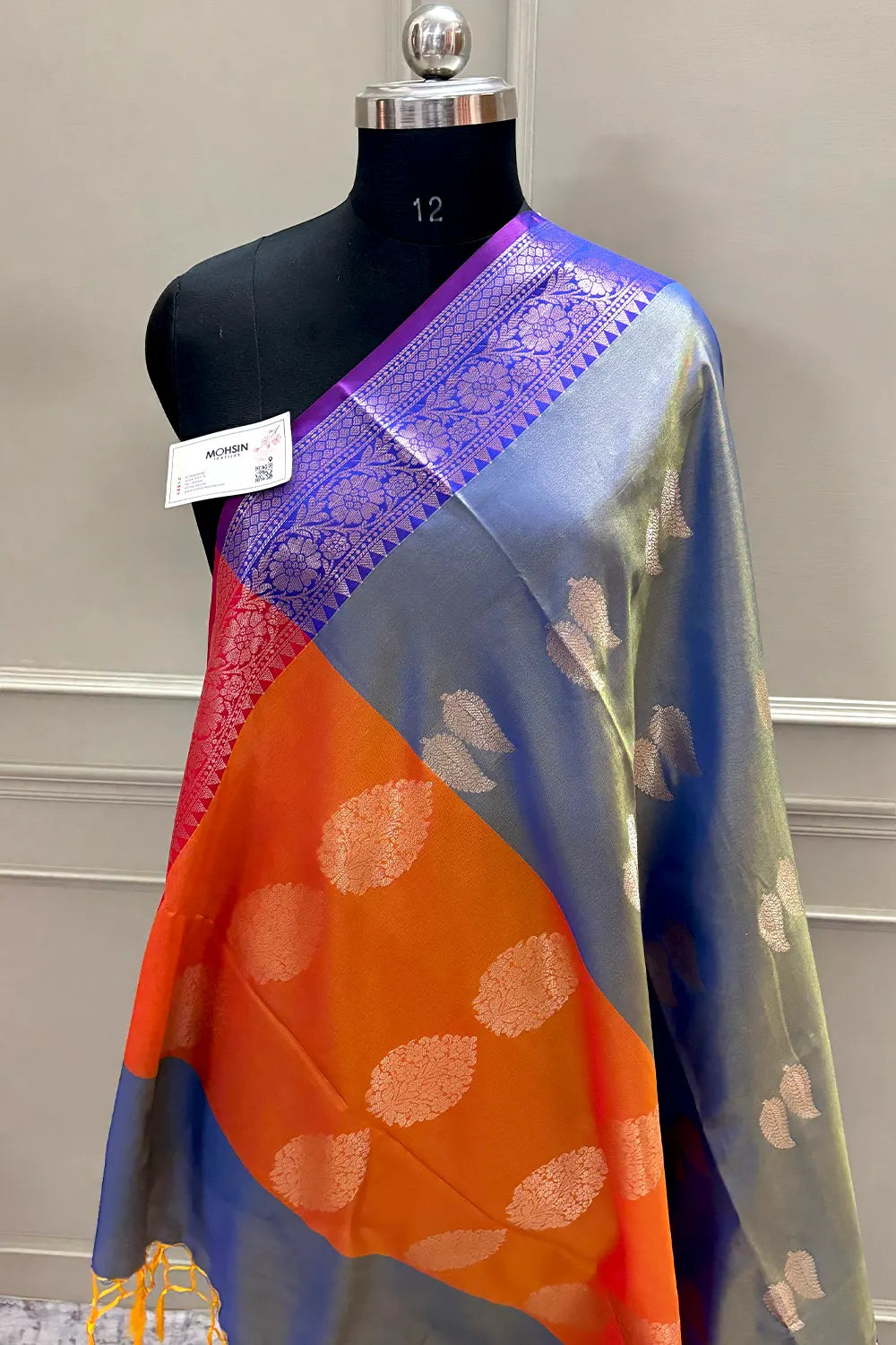 Blue and Orange Golden Zari Banarasi Silk Saree