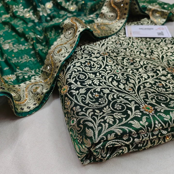 Bottle Green Agrani Jaal Stone Work Kimkhab Silk Banarasi Gharara