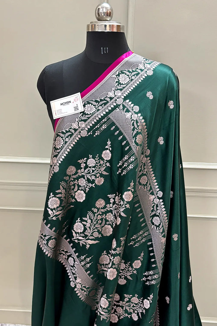 Bottle Green Babri Buti Katan Silk Banarasi Saree