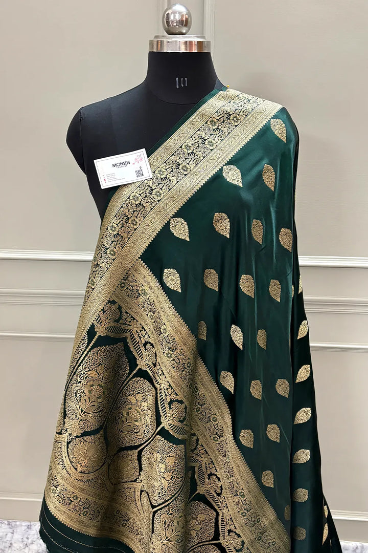 Bottle Green Badami Buta Katan Silk Banarasi Saree