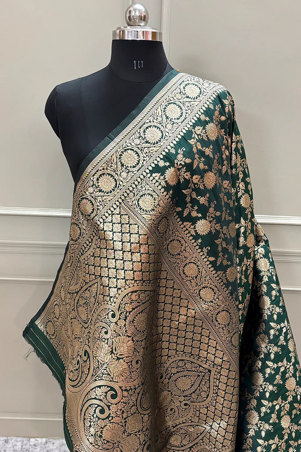 Bottle Green Golden Zari Satin Silk Banarasi Saree