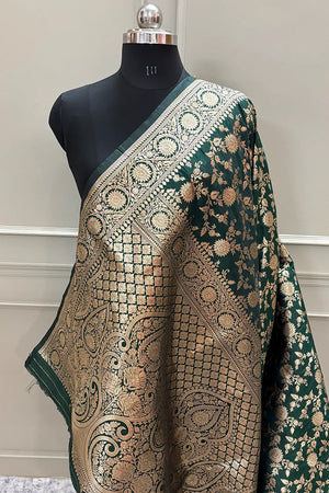 Bottle Green Golden Zari Satin Silk Banarasi Saree