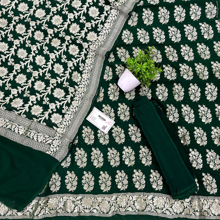 Bottle Green Pure Georgette Silk Banarasi Suit