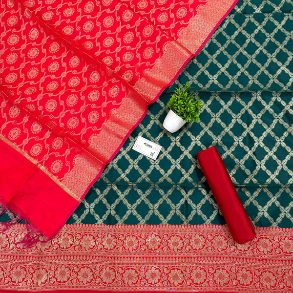 Bottle Green and Red Zanjeer Satin Silk Banarasi Suit