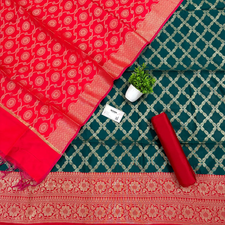 Bottle Green and Red Zanjeer Satin Silk Banarasi Suit