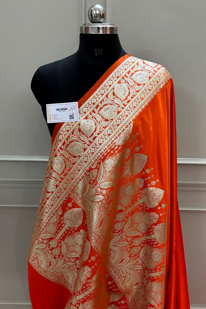 Dark Orange Plain Golden Zari Katan Silk Banarasi Saree