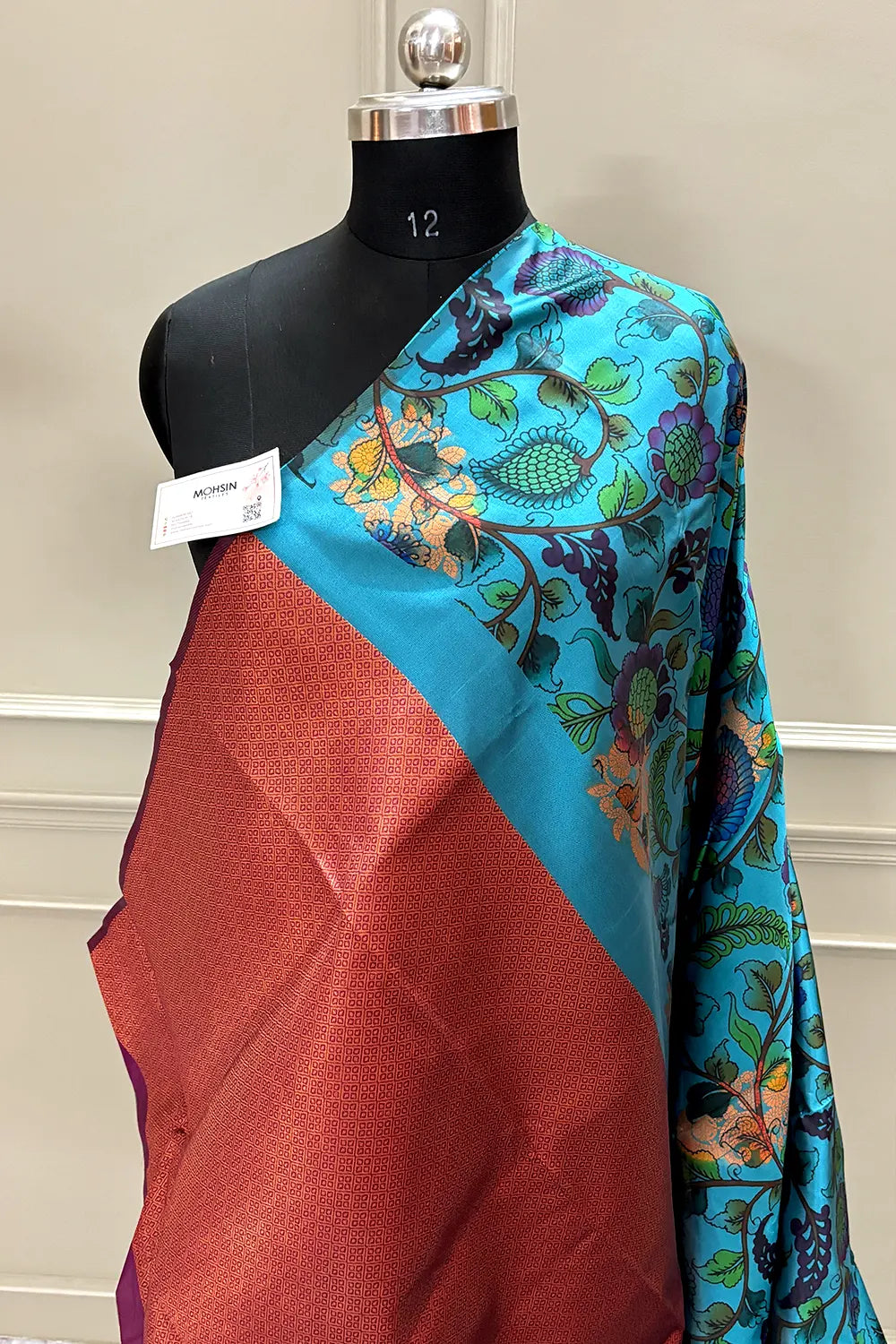 Firozi and Pink Printed Silk Saree