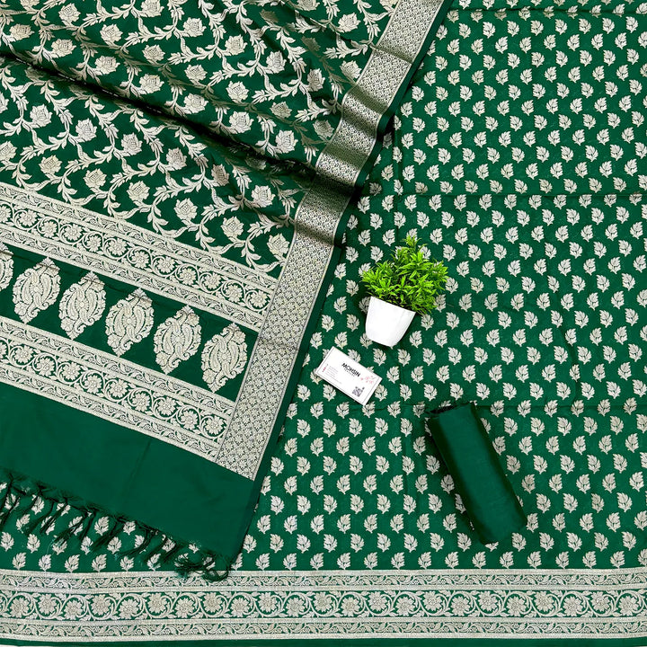 Green Tedhi Patti Katan Silk Banarasi Suit