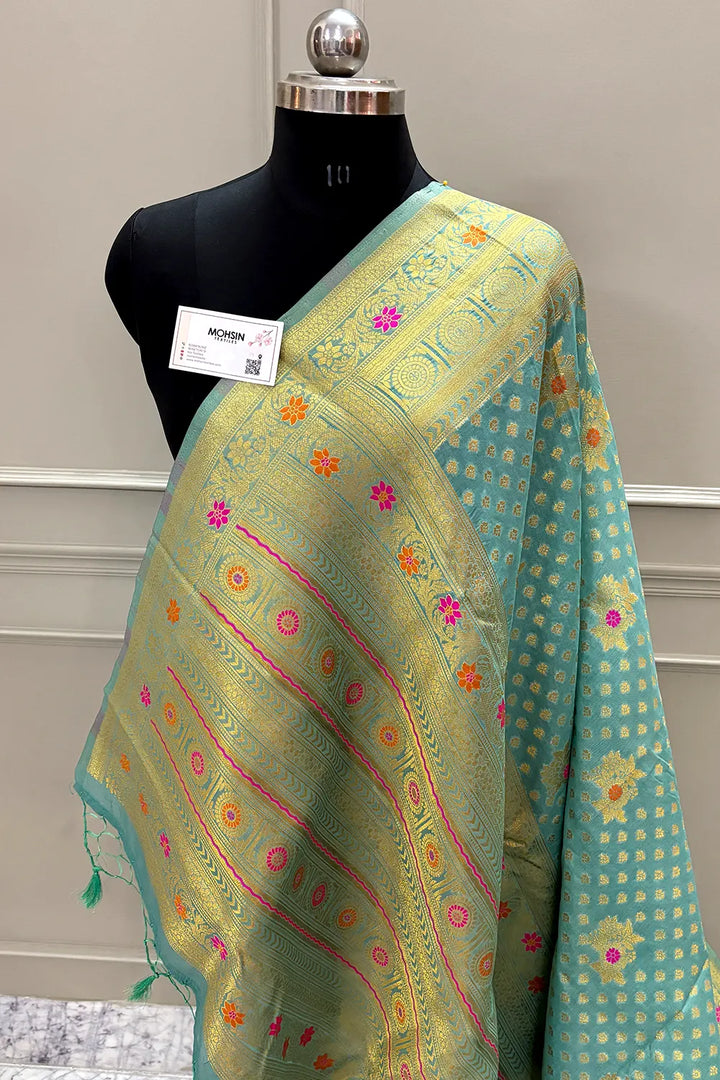 Light Firozi Golden Zari Dola Silk Banarasi Saree