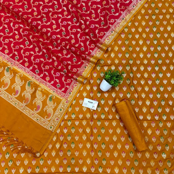 Mustard and Red Golden Zari Katan Silk Banarasi Suit