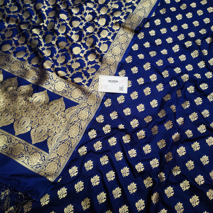 Navy Blue Golden Zari Katan Silk Banarasi Suit