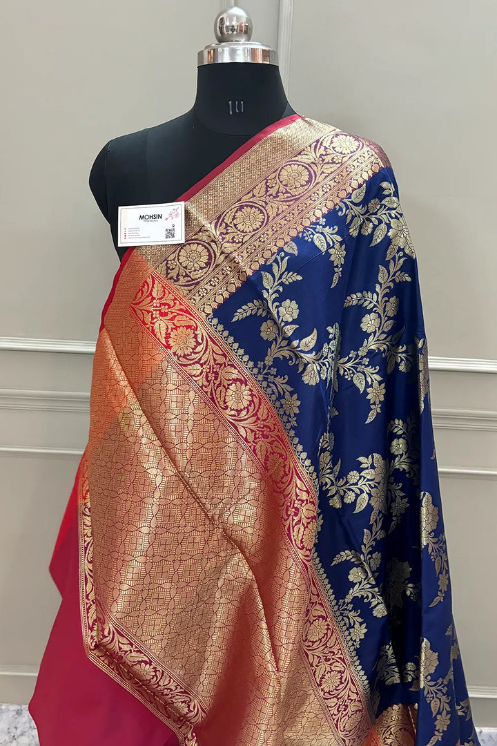 Navy Blue and Maroon Bharama Jaal Satin Silk Banarasi Saree