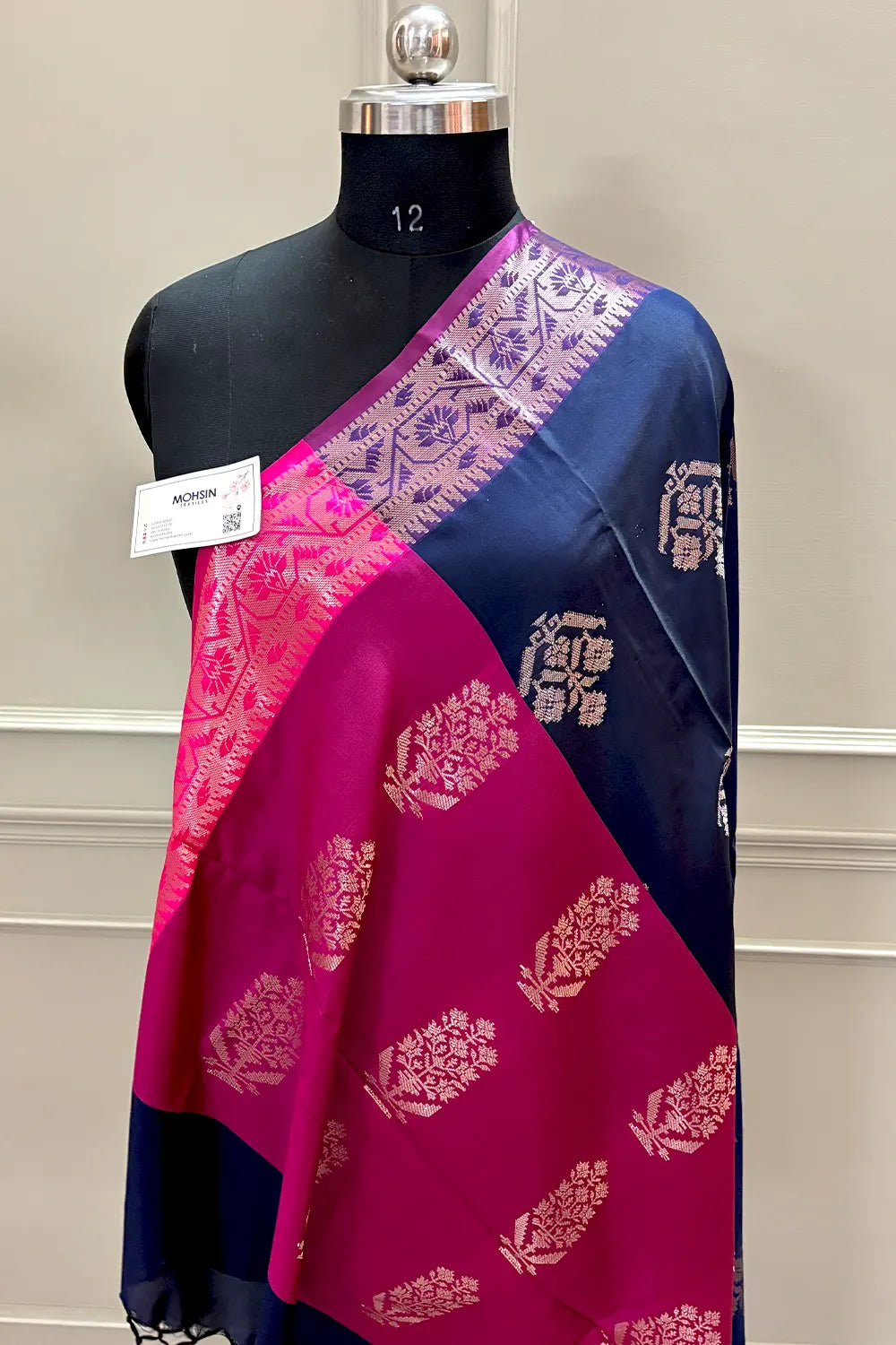 Navy Blue and Pink Golden Zari Banarasi Silk Saree