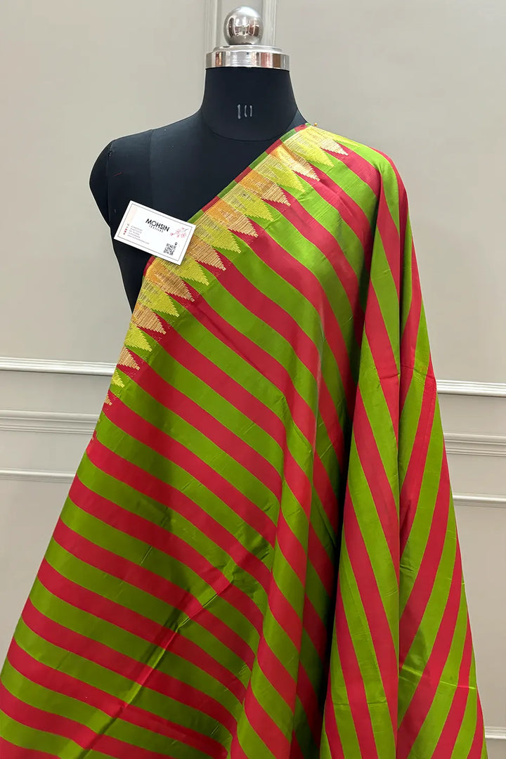 Parrot Green and Red Stripe Plain Satin Silk Banarasi Saree