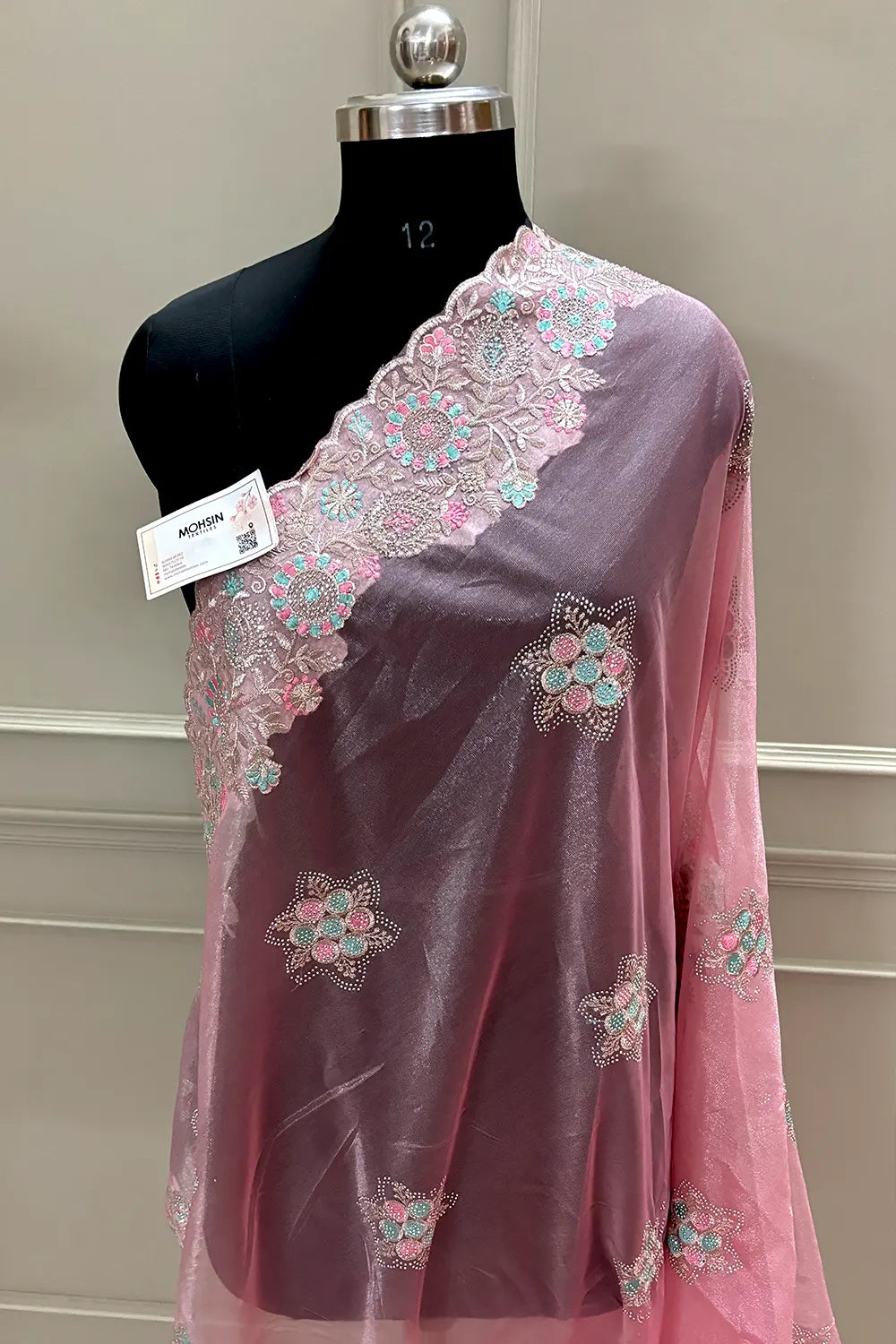 Peach Embroidery Siroski Brasso Net Saree