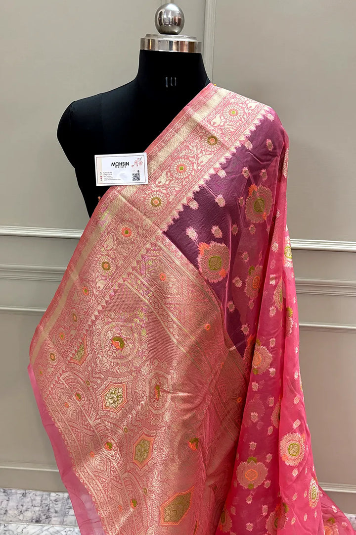 Peach Golden Zari Organza Silk Banarasi Saree