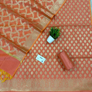 Peach Golden Zari Resham Silk Banarasi Suit