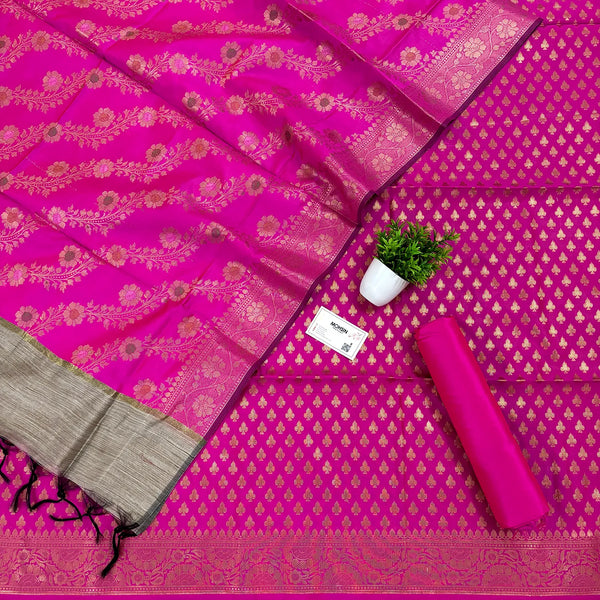 Pink Chidiya Buti Satin Silk Banarasi Suit