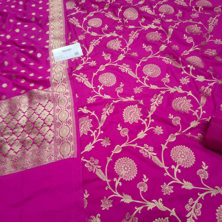 Pink Golden Zari Katan Silk Banarasi Suit