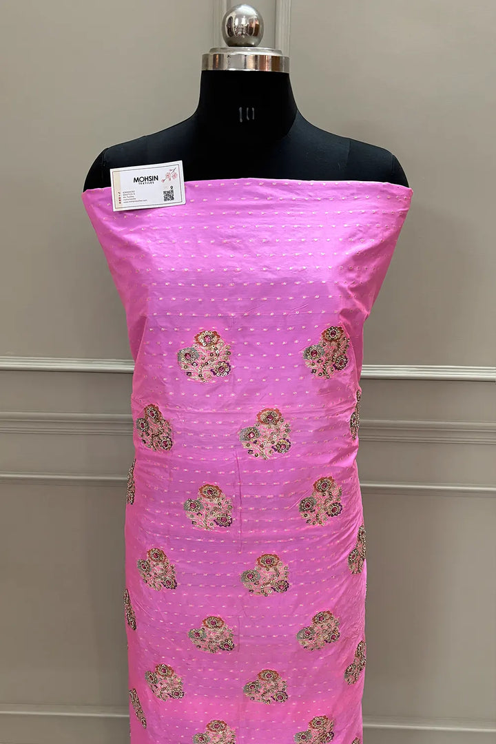 Pink Golden Zari Katan Silk Banarasi Suit