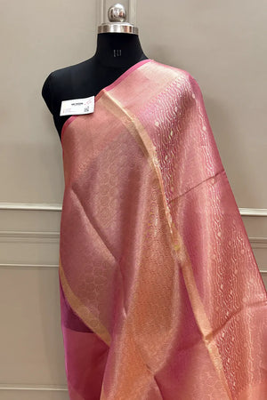 Pink Golden Zari Tissue Silk Banarasi Saree