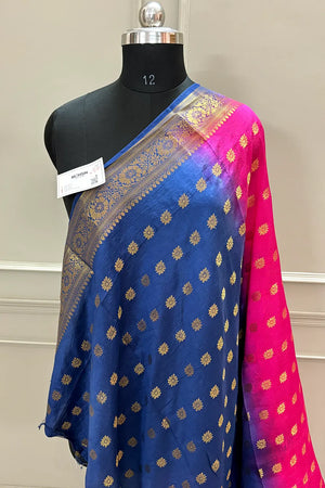 Pink and Navy Blue Golden Zari Silky Banarasi Saree