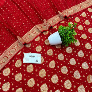 Red Golden Zari Siroski Stone Pure Georgette Silk Banarasi Suit
