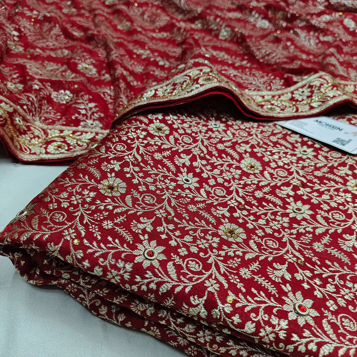 Red Suhani Jaal Stone Work Kimkhab Silk Banarasi Gharara