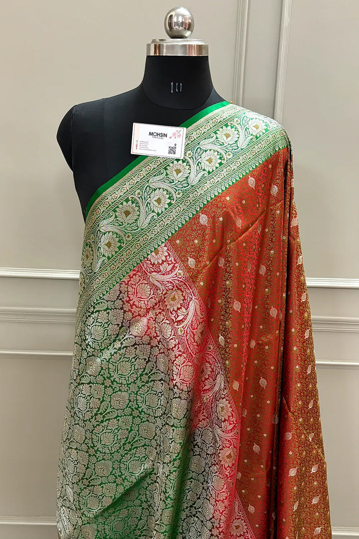 Red and Green Jamewar Katan Silk Banarasi Saree