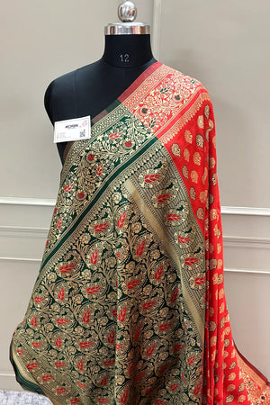 Red and Green Resham Zari Silky Banarasi Saree