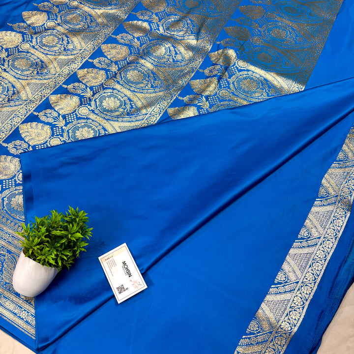 Royal Blue Plain Golden Zari Katan Silk Banarasi Saree