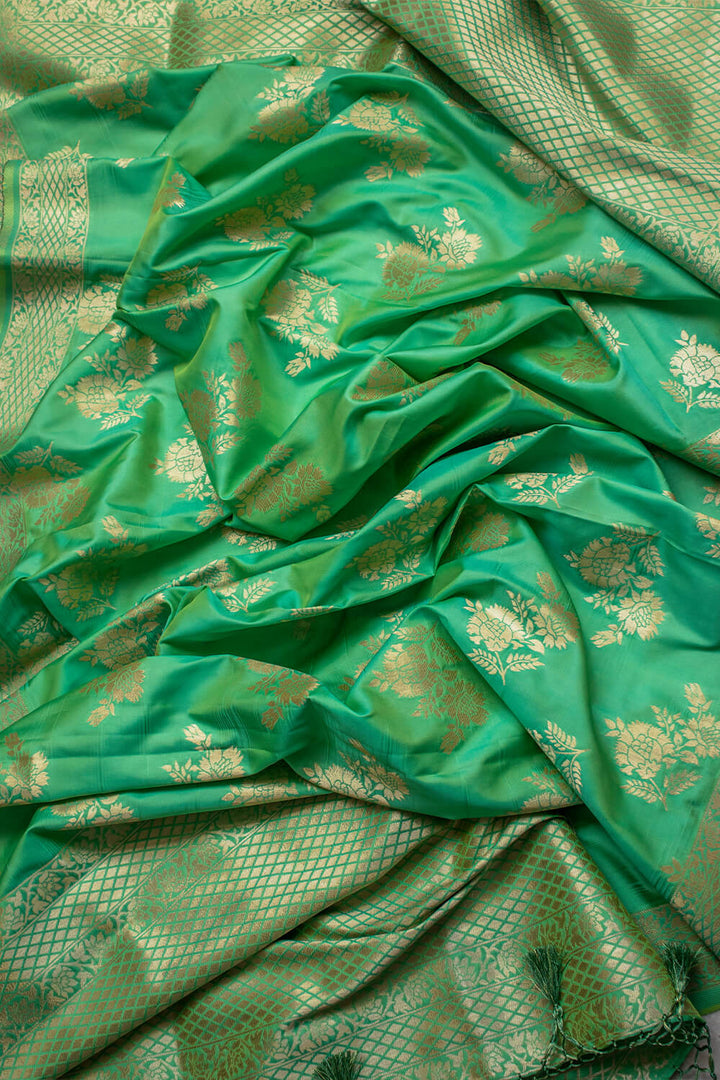 Sea Green Golden Zari Katan Silk Banarasi Dupatta