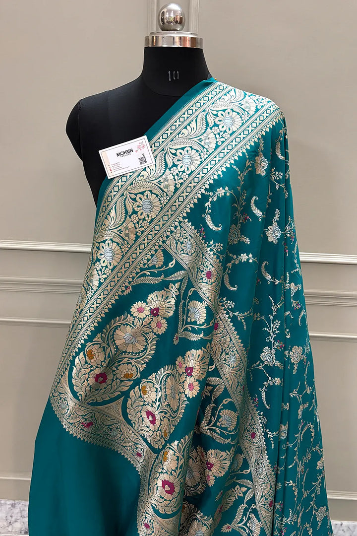 Teal Suhani Jaal Katan Silk Banarasi Saree