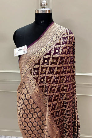 Wine Bandhej Georgette Silk Banarasi Saree