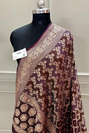 Wine Bandhej Georgette Silk Banarasi Saree