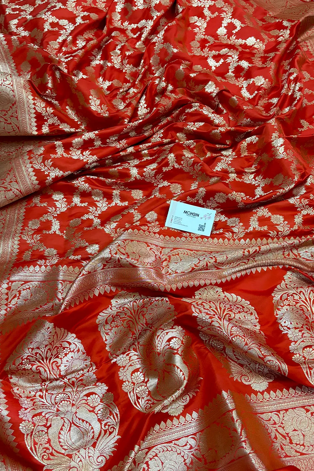 Dark Orange Moglai Jaal Katan Silk Banarasi Saree