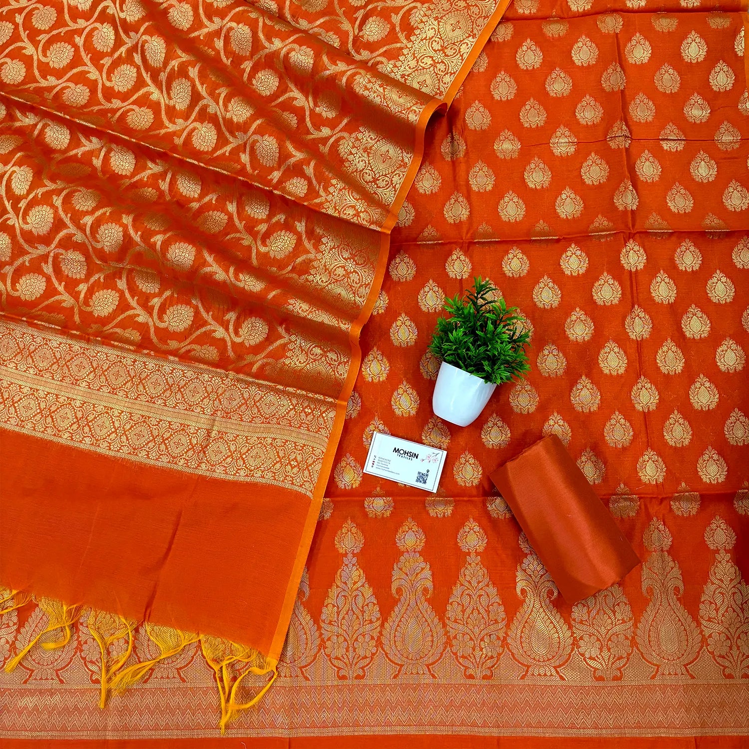 Orange Kalgha Buti Banarasi Silk Suit