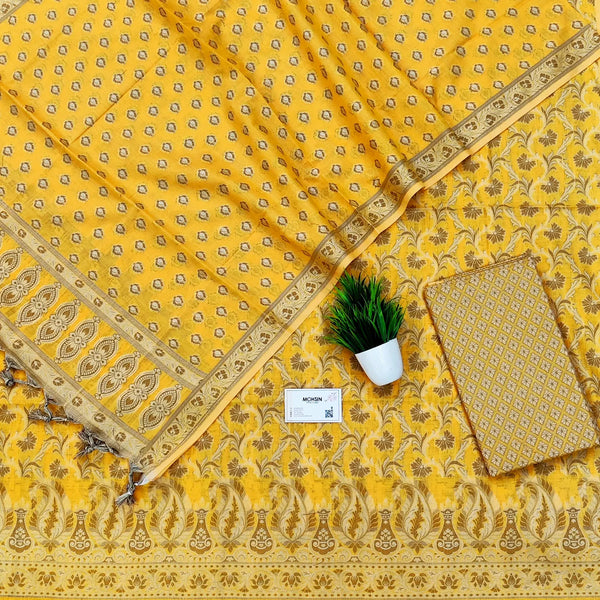 Yellow Surahi Jaal Cotton Silk Banarasi Suit