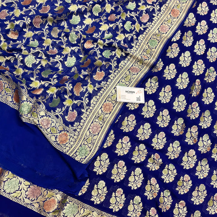 Blue Hand Brush Handloom Georgette Silk Banarasi Suit