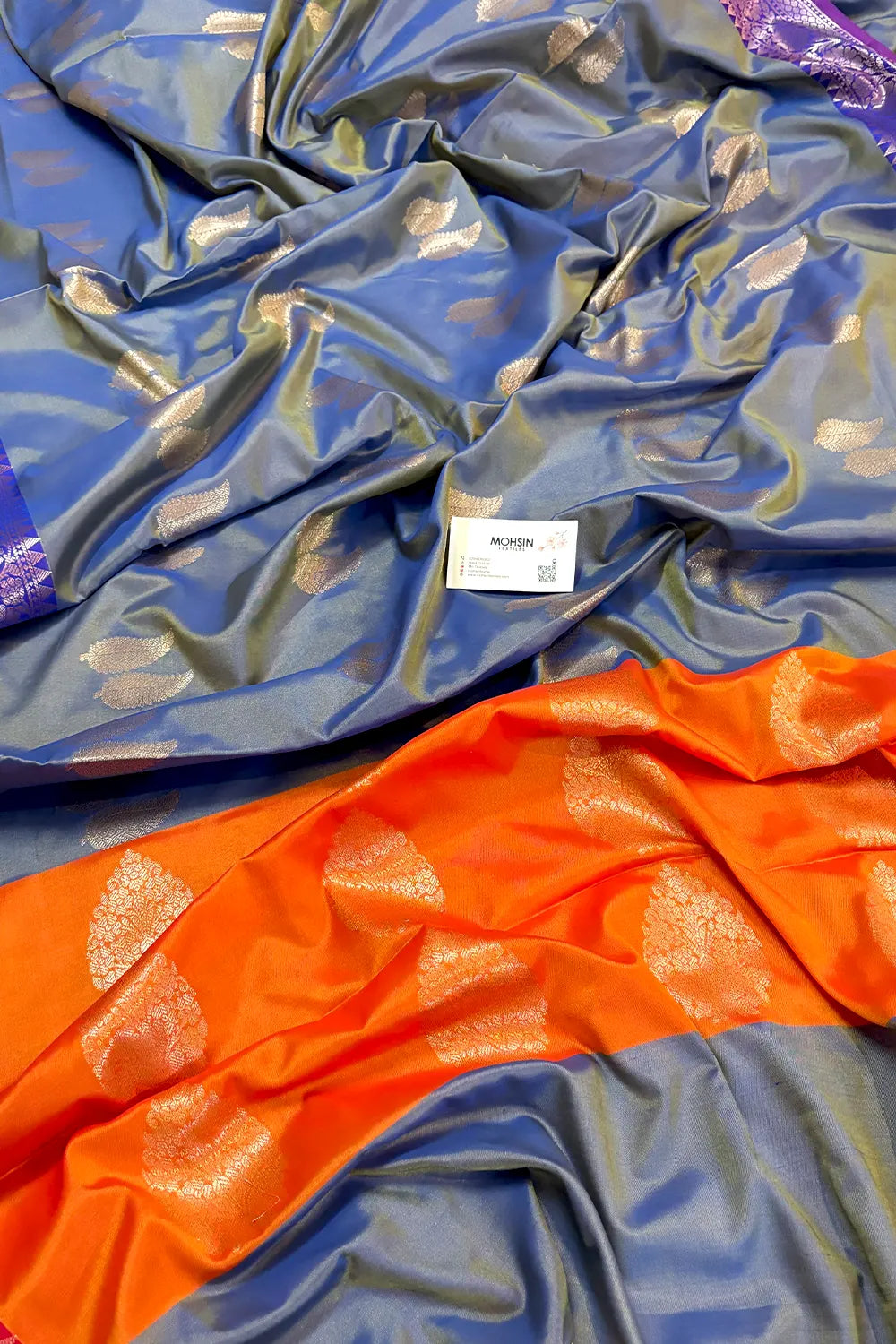 Blue and Orange Golden Zari Banarasi Silk Saree