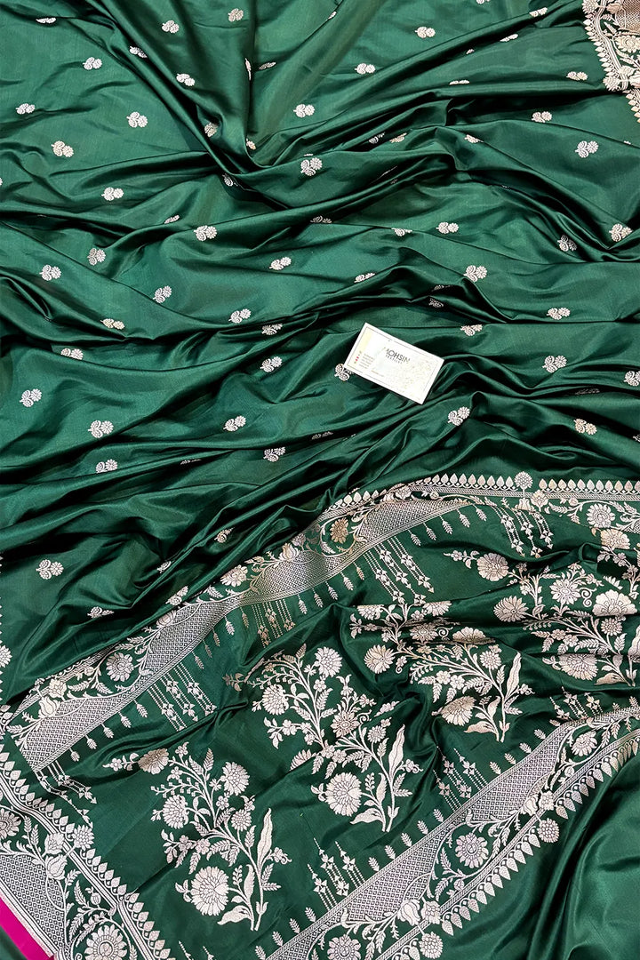 Bottle Green Babri Buti Katan Silk Banarasi Saree