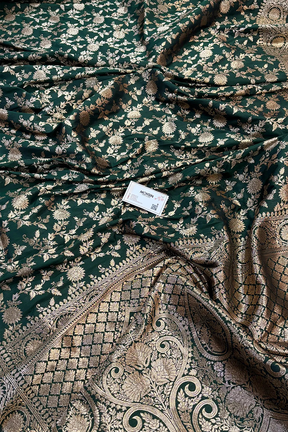 Bottle Green Golden Zari Satin Silk Banarasi Saree