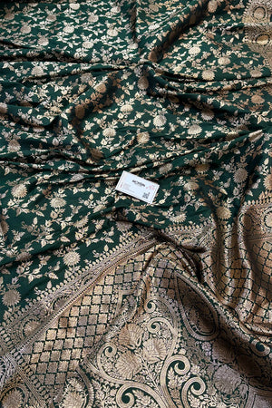 Bottle Green Golden Zari Satin Silk Banarasi Saree