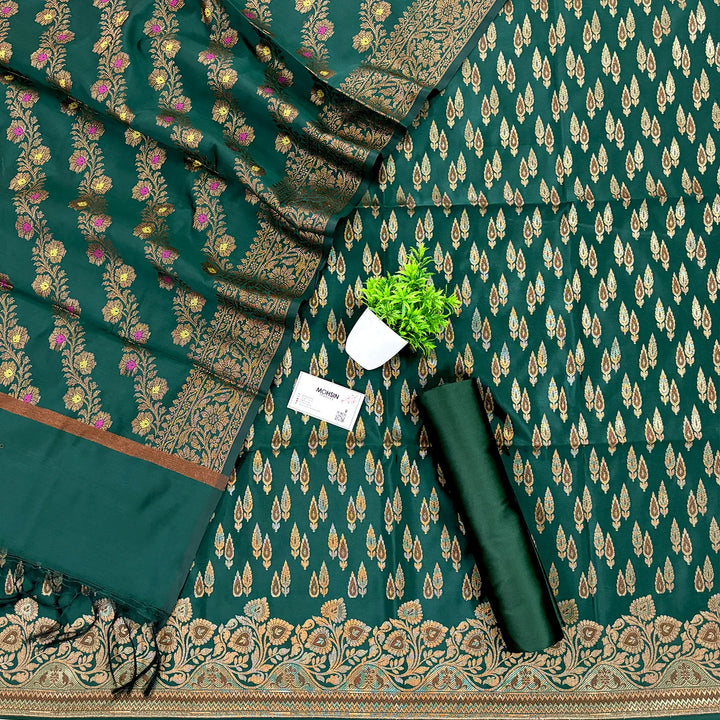 Bottle Green Kadi Patti Satin Silk Banarasi Suit