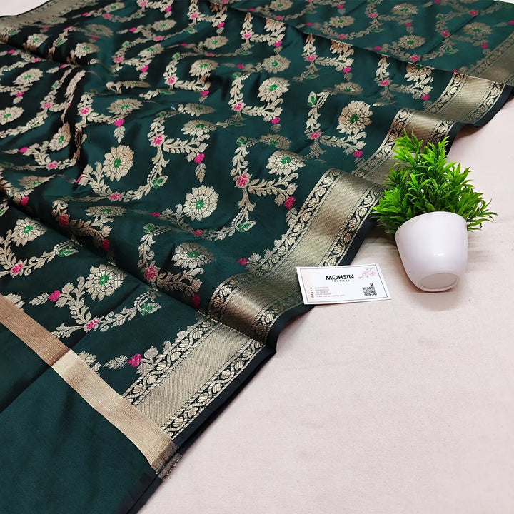 Bottle Green Meenakari Satin Silk Banarasi Dupatta