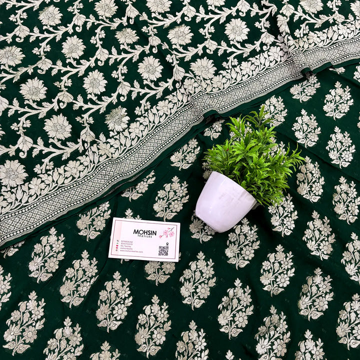 Bottle Green Pure Georgette Silk Banarasi Suit